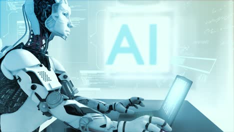 high quality 3d cgi profile shot of an artificial intelligence humaniod robot at a laptop computer in a virtual ai environment with data and equations floating around him - cold blue color scheme