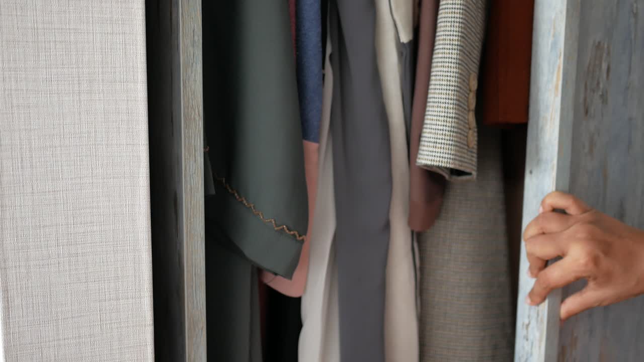 옷장 문 을 열고 있는 사람