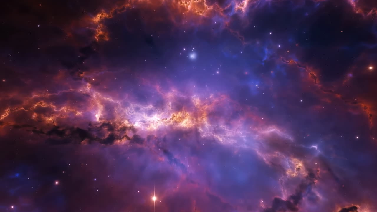 Nebulosa púrpura expansiva con estrellas, banda lechosa luminosa y nubes violetas, profundidad de espacio profundo con un centelleo