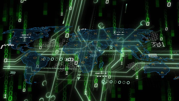 Animation of data processing and diagrams over world map