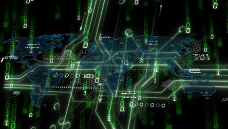 animación del procesamiento de datos y diagramas sobre el mapa del mundo