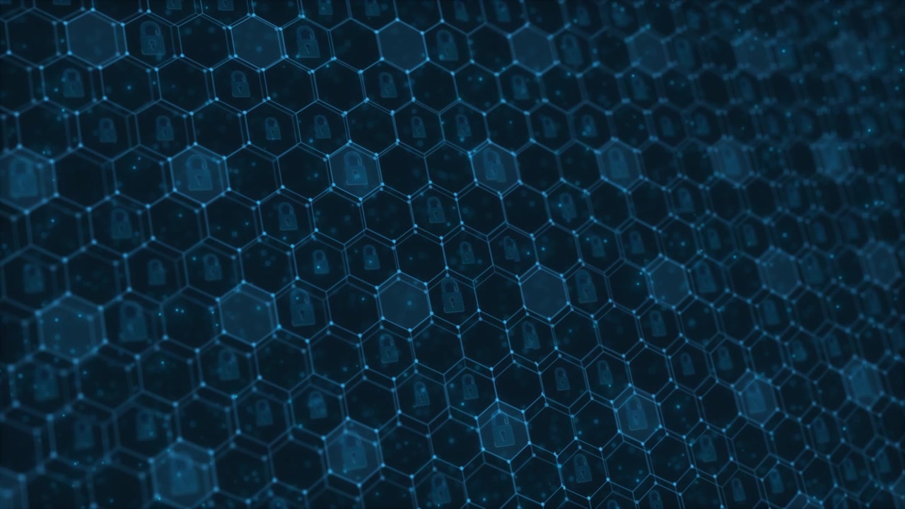 Cyber lock hex grid visual with blue secure pattern padlock symbols particle depth and dark digital