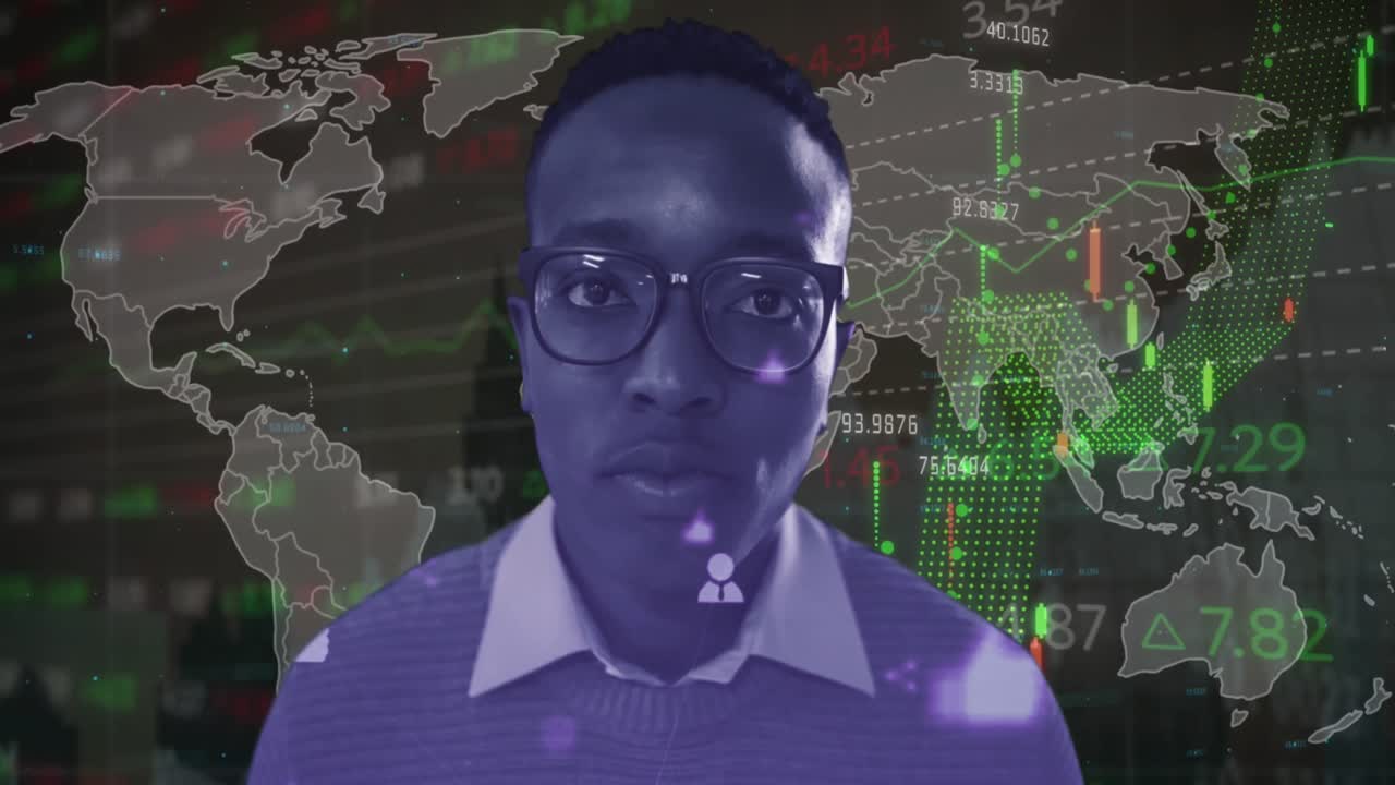 그래프의 애니메이션, 무역 보드, 증가하는 숫자, 아프리카계 미국인 소년의 초상화 위의 지도