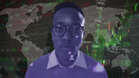 animation of graphs, trading board, increasing numbers, map over portrait of african american boy
