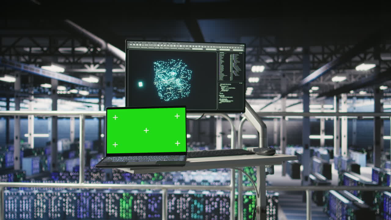 Isolated screen laptop next to elevated industrial data center control station