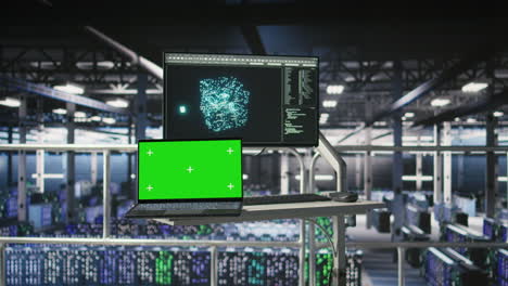 isolated screen laptop next to elevated industrial data center control station