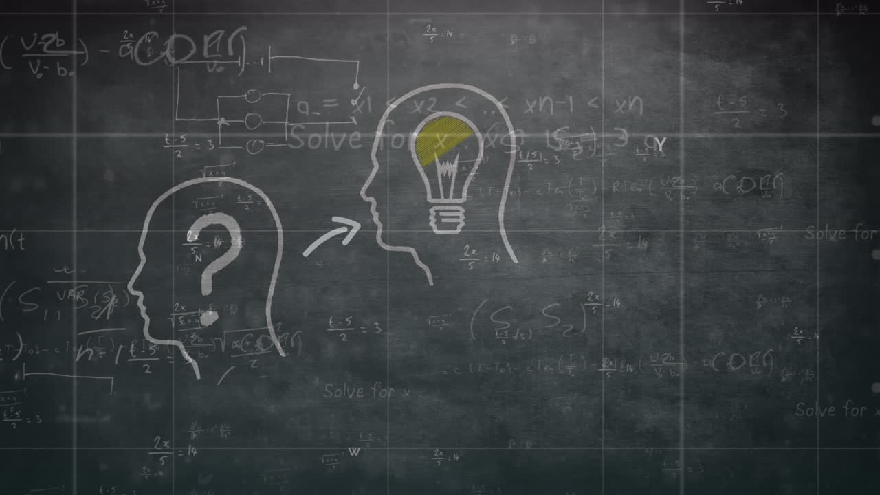 bombilla dentro de la cabeza humana modelo sobre la red de red contra ecuaciones matemáticas flotantes