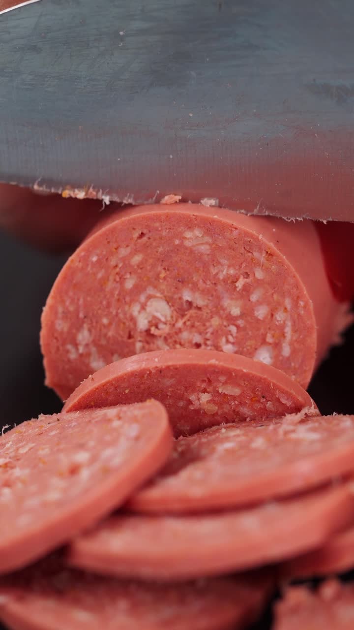 Primo piano di mani che affettano una salsiccia con un coltello