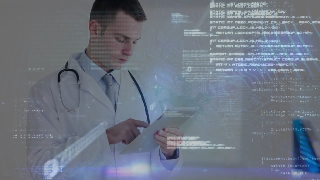 animación de procesamiento de datos de codificación binaria sobre un médico caucásico