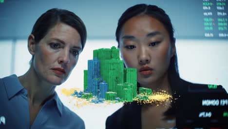 exploring urban development: two professionals analyze a digital city model with innovative visualizations in a high-tech environment