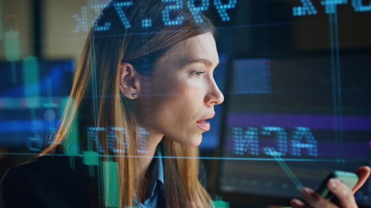 Busy manager calculating data in numbers hologram closeup. Focused stock trader
