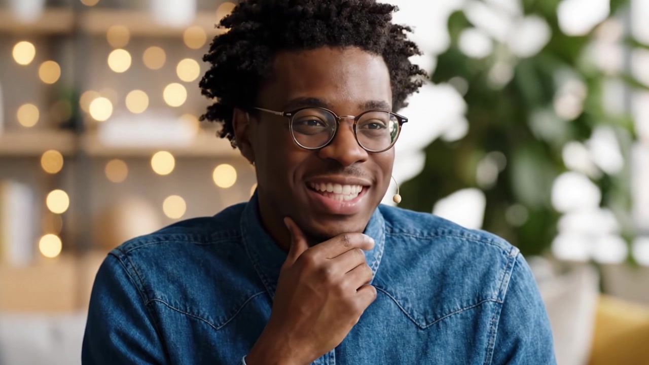 Cheerful Young Man in Denim Shirt Engaging Viewers with a Warm Smile in a Cozy Environment Filled with Soft Lighting and Greenery