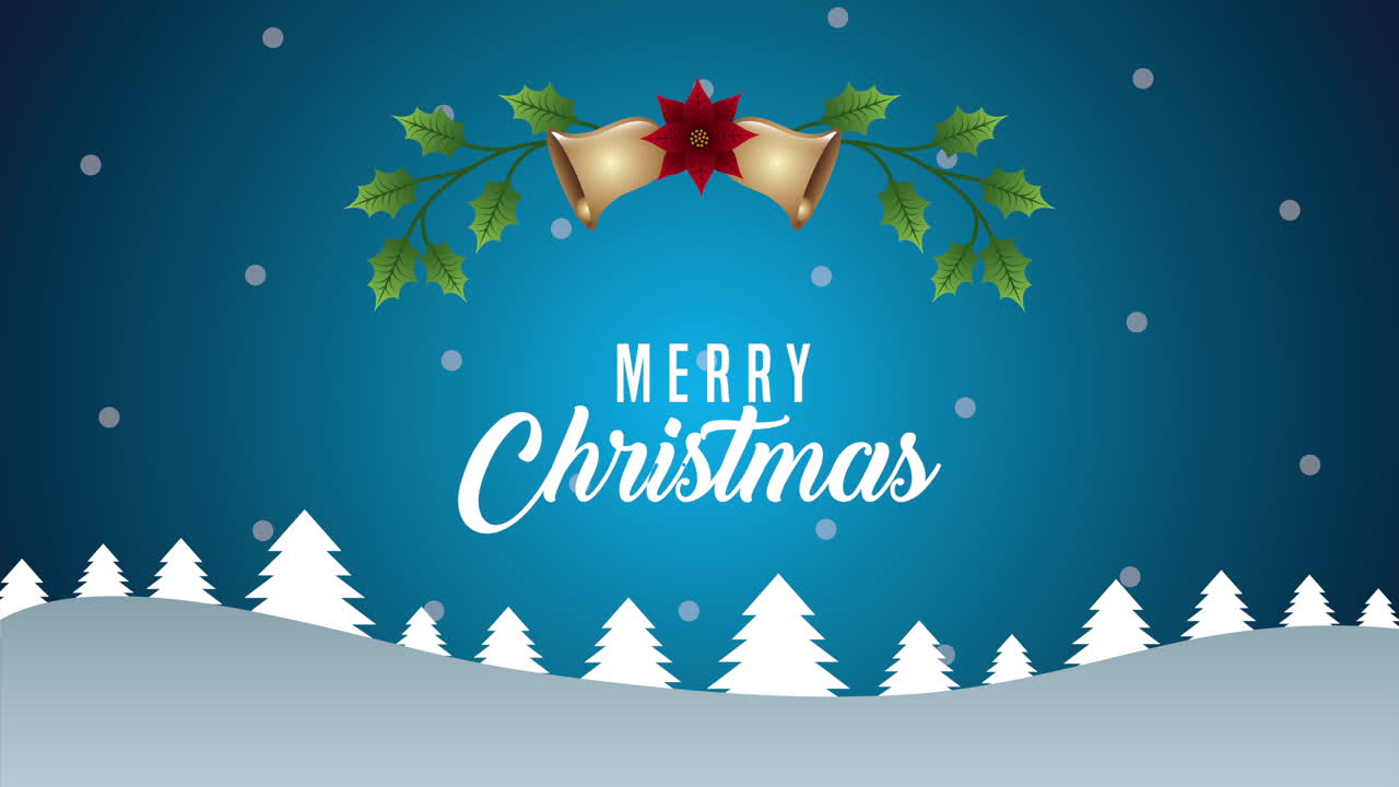 스노우 스케이프에서 황금 종과 함께 메리 크리스마스 애니메이션