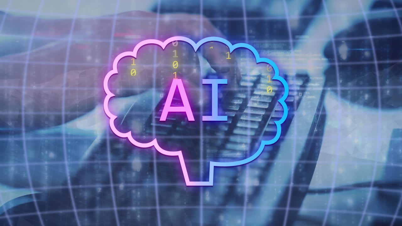 animación de todo el texto, iconos y procesamiento de datos sobre el hombre caucásico usando computadora