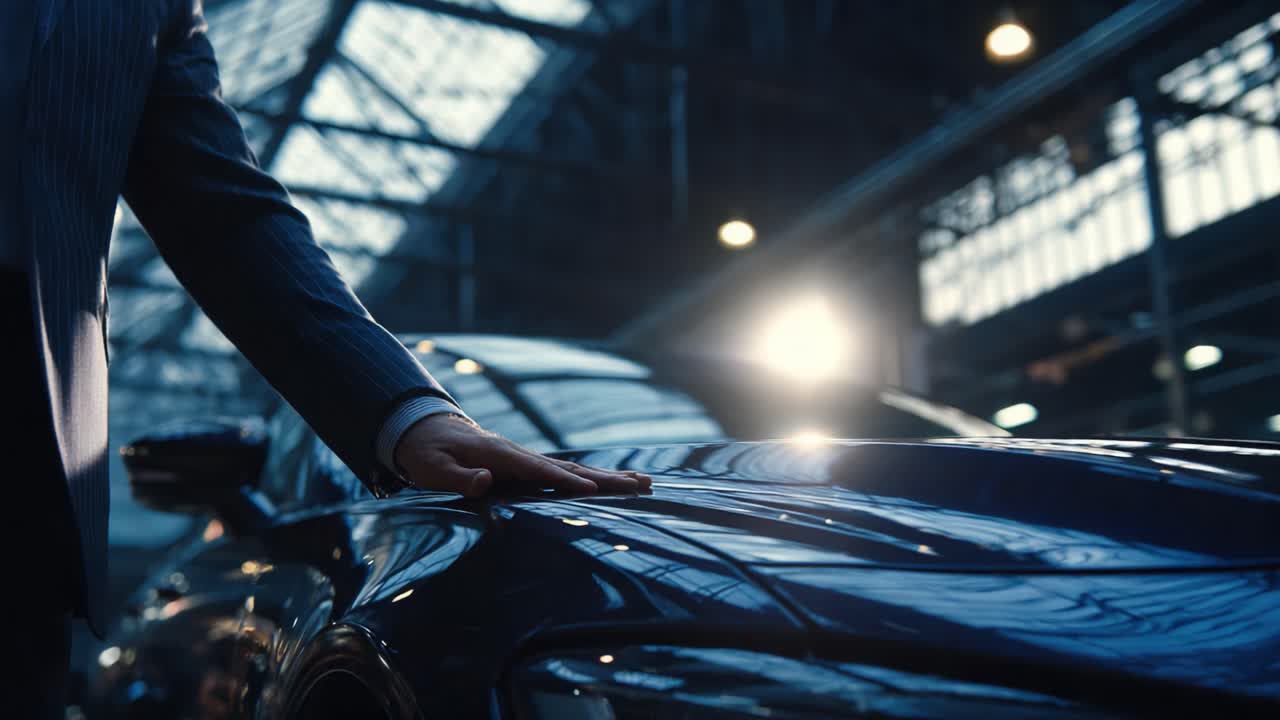 Exploring Automotive Elegance: A Close-Up of a Hand Gliding Over a Car's Sleek Surface in a Modern Automotive Setting