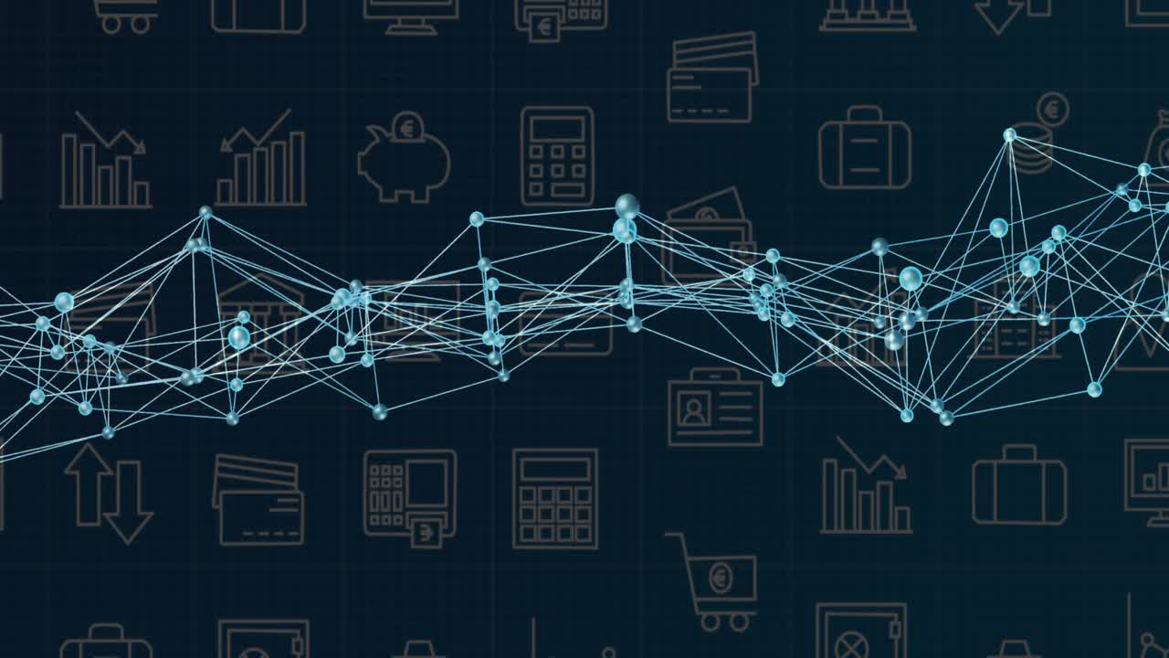 Glowing light-blue network graph being animated across blueprint grid, with faint financial icons