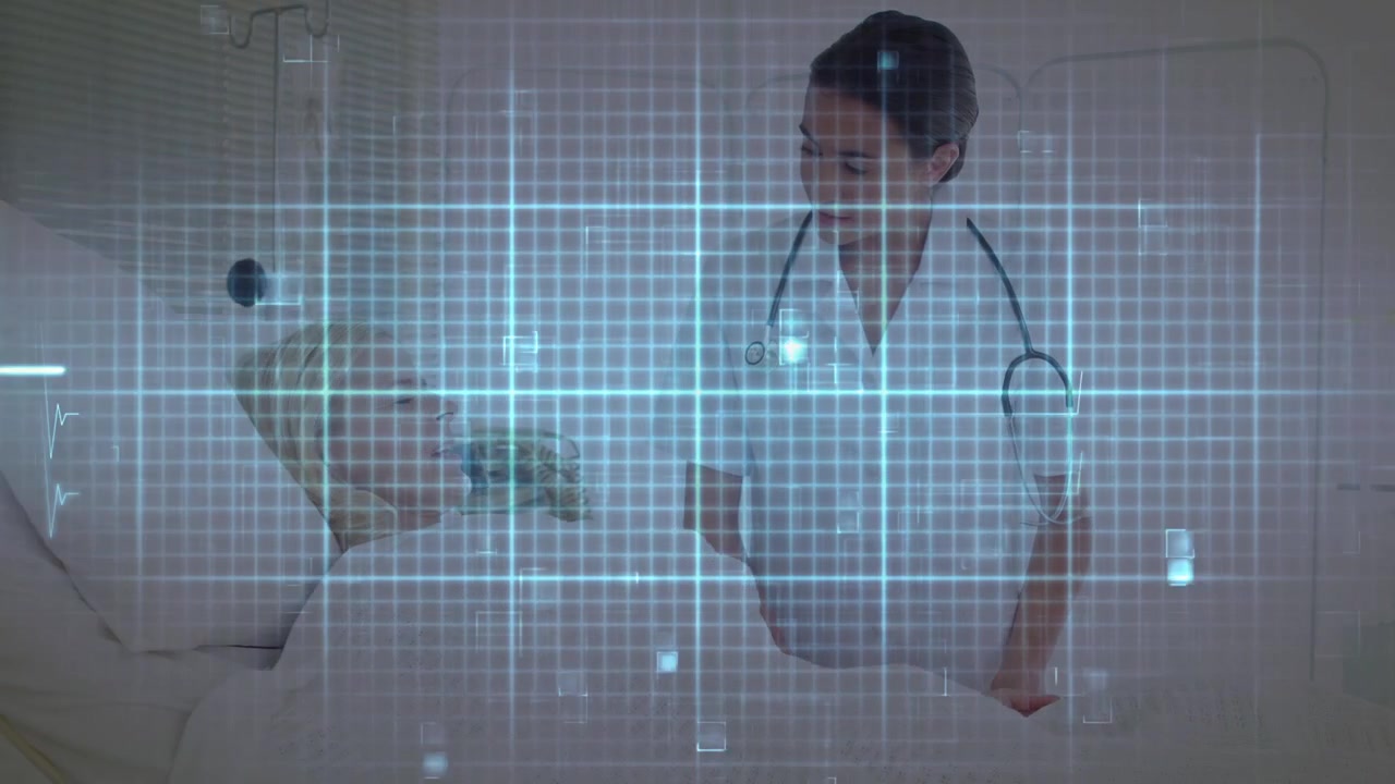 Video vertical: Enfermera acercándose a la cama de hospital, inclinándose y monitoreando el corazón a través de una superposición de ECG pulsante.