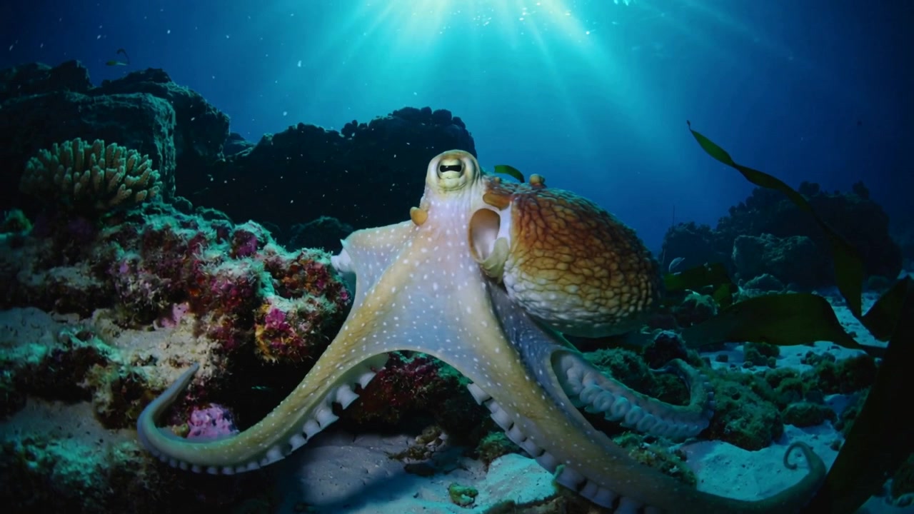Riposizionamento di un grande polpo singolo con il sollevamento del mantello, che dispiega le braccia su una barriera corallina poco profonda vicino a una spugna rosa.