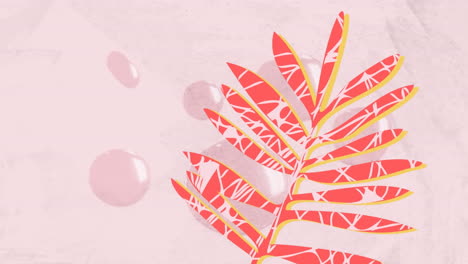 digital animation of red leaf icon against water drops icons against pink background