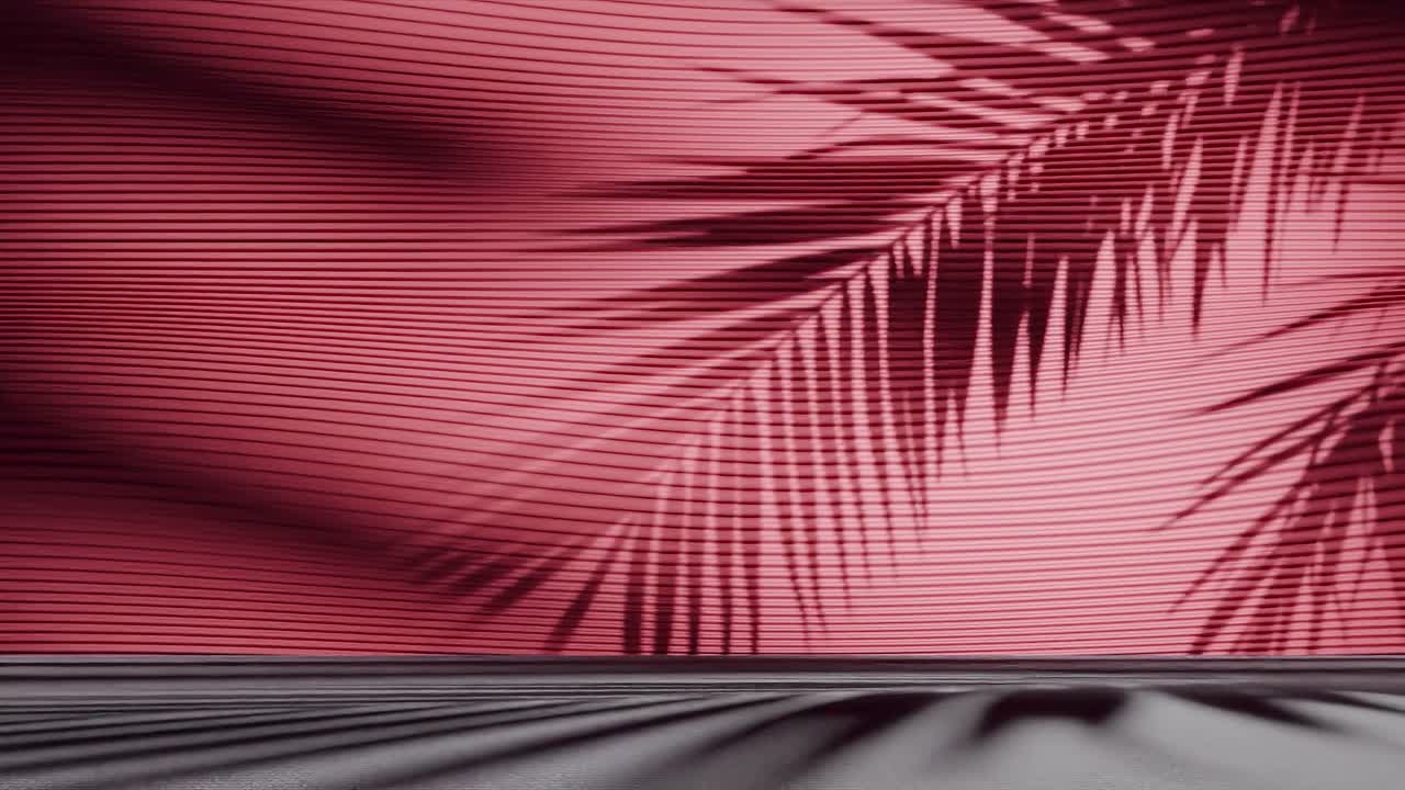 Palm leaf shadows on ribbed red wall and floor. Minimalist background scene. Tropical summer and vacation concept. Design for wallpaper, banner, header, poster. Front view with copy space