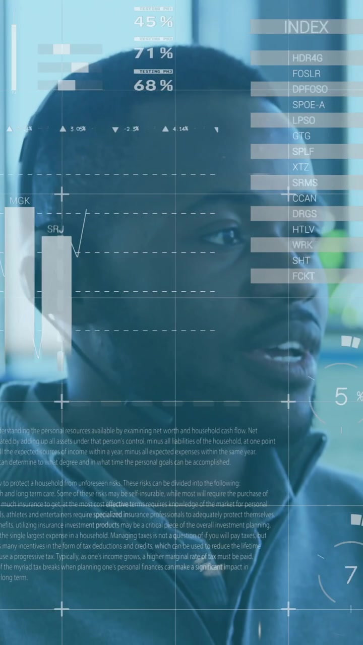 Businessman in office with data analytics and world map overlay animation