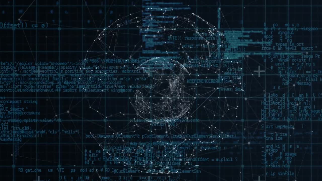 animación de la red de conexiones, globo y procesamiento de datos en el espacio digital