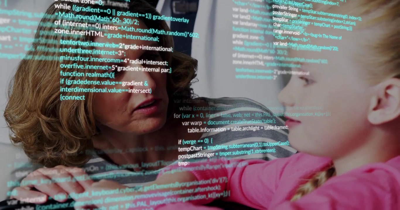 As code overlay intensifying, mother holding girl's arms and guiding posture for calm digital focus