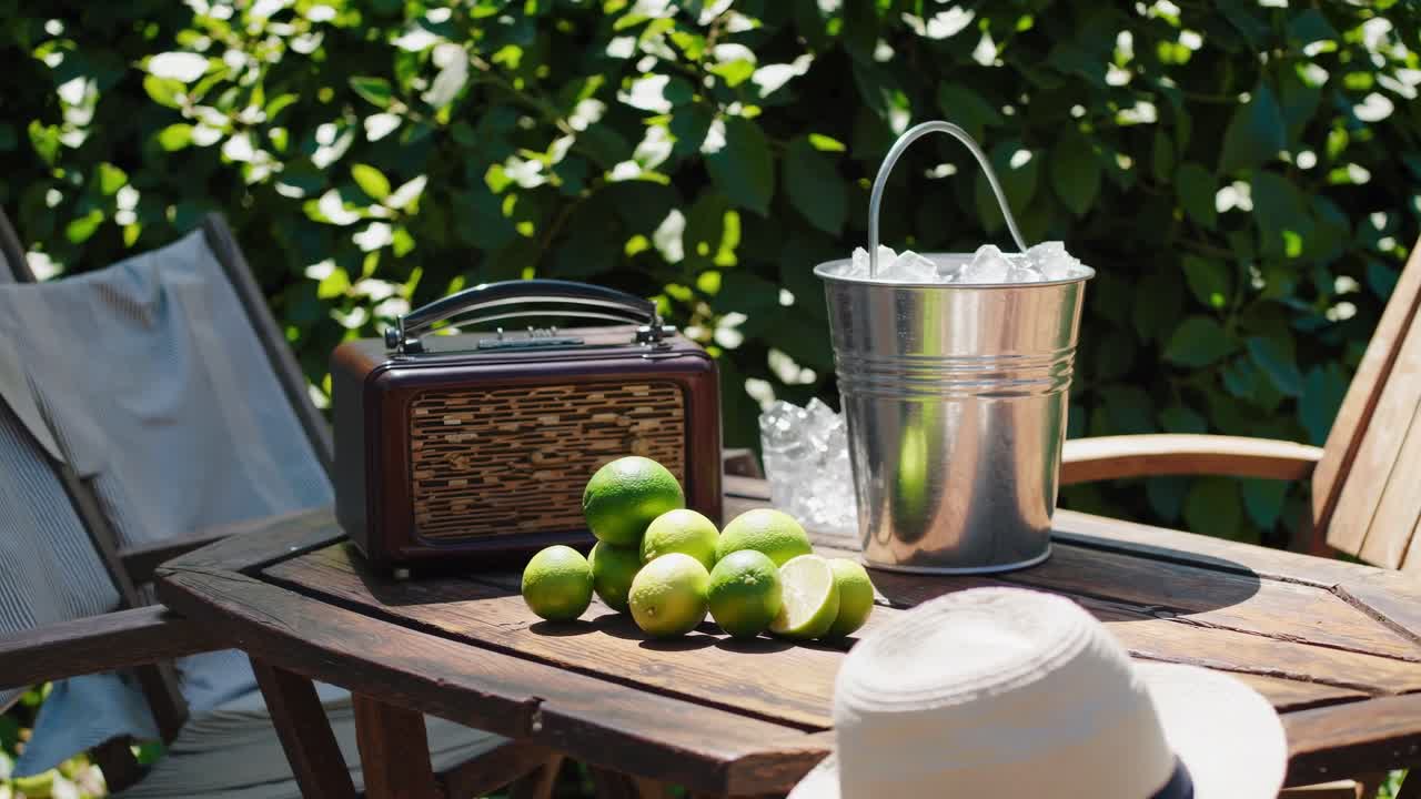 Limes, vintage radio, ice bucket and straw hat are laying on a wooden table in a garden, suggesting a relaxing summer afternoon preparing refreshing drinks