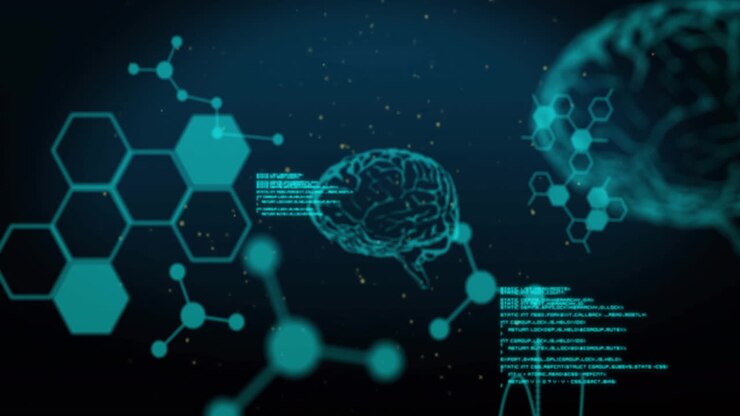 Animation of data processing over chemical formula and brains