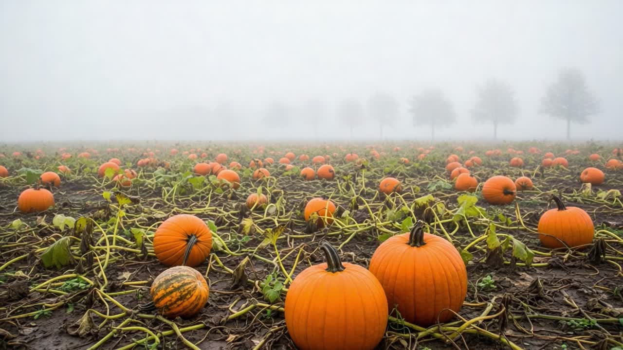 A Misty Pumpkin Patch: An Expansive Field of Vibrant Orange Pumpkins Surrounded by Fog and Lush Green Vines, Capturing the Essence of Autumn Harvests
