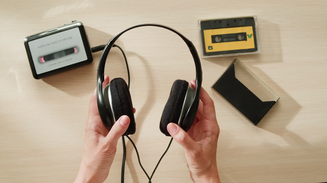 빈티지 헤드폰과 카세트 테이프
