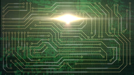 animación de código binario, circuito integrado y luz