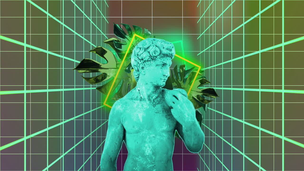 Green digital grid and geometric shapes animation over classical statue