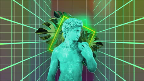 green digital grid and geometric shapes animation over classical statue