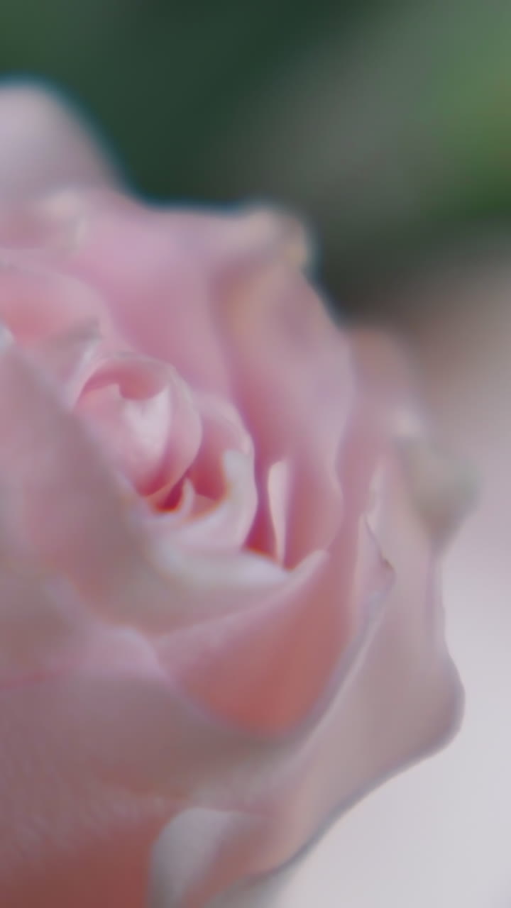 Fresh light pink rose flower on blurred background extreme close view. Aromatic summer flower in green garden. Flora and beauty of nature in park