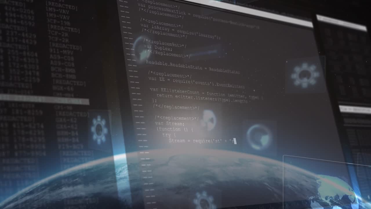 animación del procesamiento de datos en pantallas y visores que escanean sobre el planeta tierra
