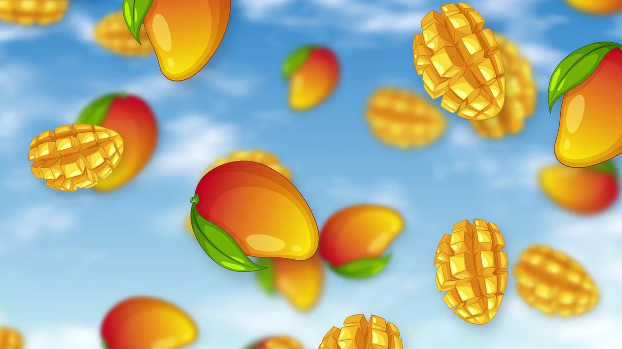 Manghi a cartone animato e fette di frutta cadono attraverso un cielo azzurro brillante con nuvole soffici