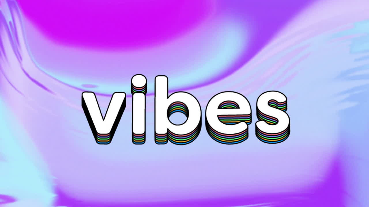 Animation of colorful vibes text on vibrant purple and pink abstract background