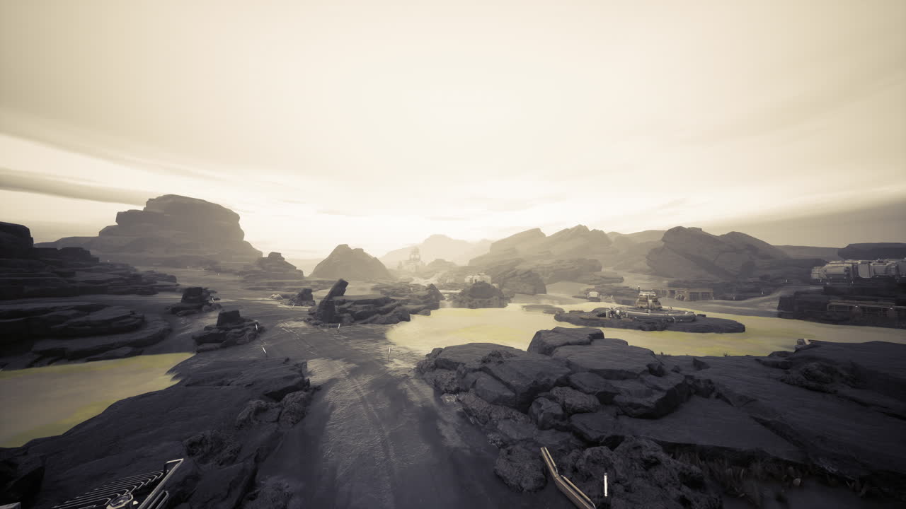 Cinematic shot of deserted convoy at sunset revealing rocky formations
