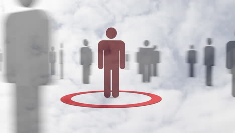 red person icon surrounded by people icon over clouds in background