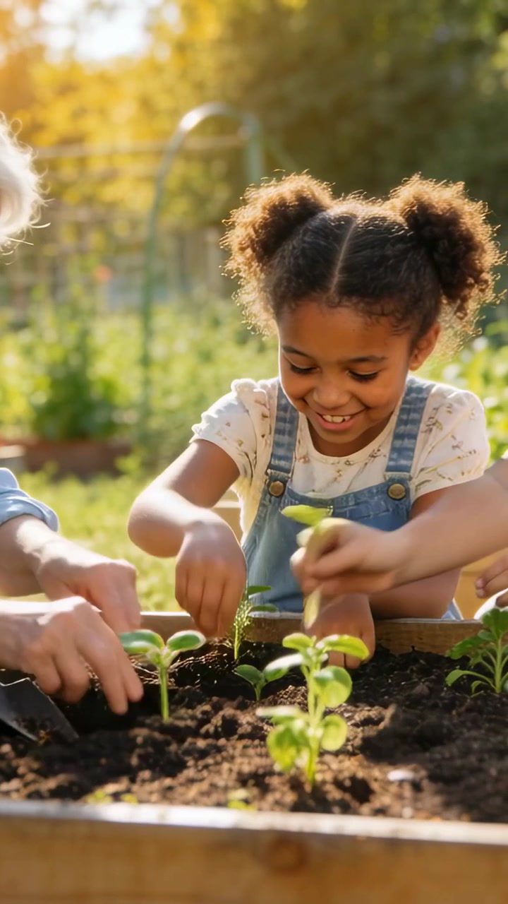 Vertical video: Leaning gran teaching girl in overalls planting seedlings in planter using trowel