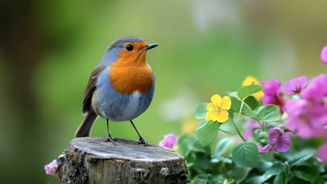 close-up video still of a robin perched on a stump, surrounded by vibrant flowers