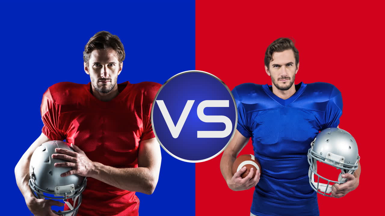 Animation of vs text over american football players from two teams on red and blue backgrounds