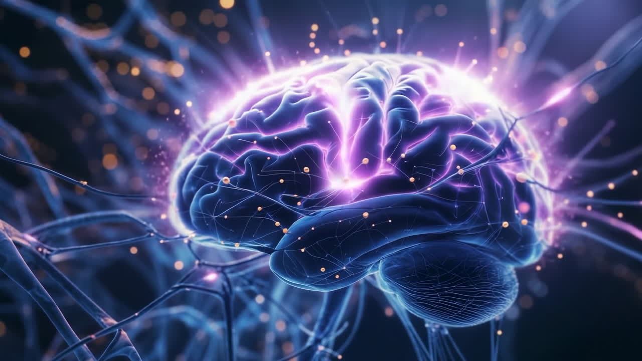 Rappresentazione astratta di un cervello umano con reti neurali e sinapsi luminose