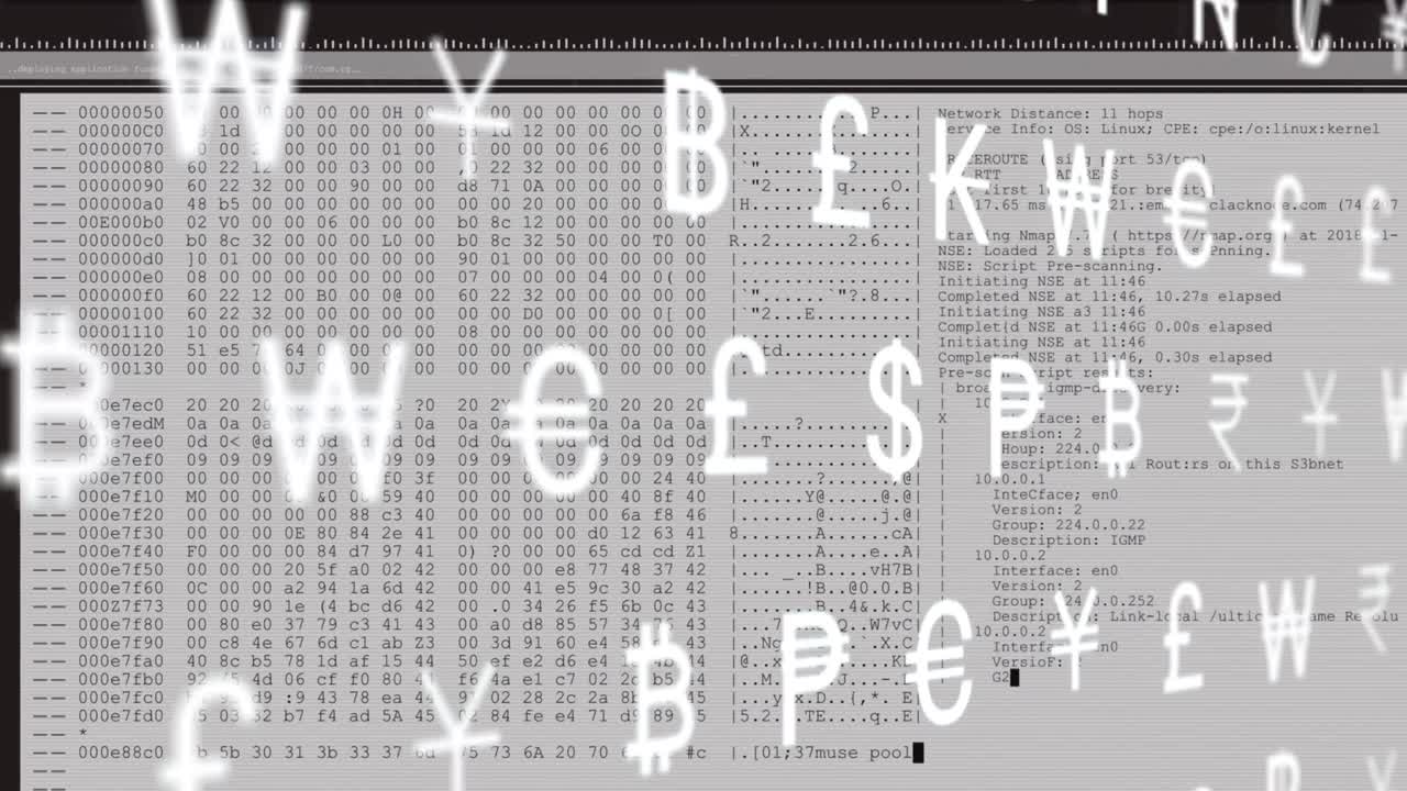 animación de la interfaz con múltiples símbolos de moneda y procesamiento de datos contra un fondo blanco