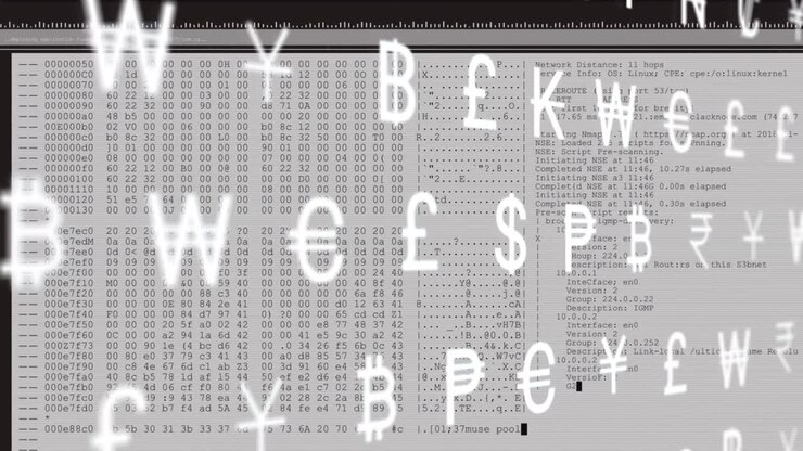 Animazione di interfaccia con simboli di valute multiple ed elaborazione dati su sfondo bianco.