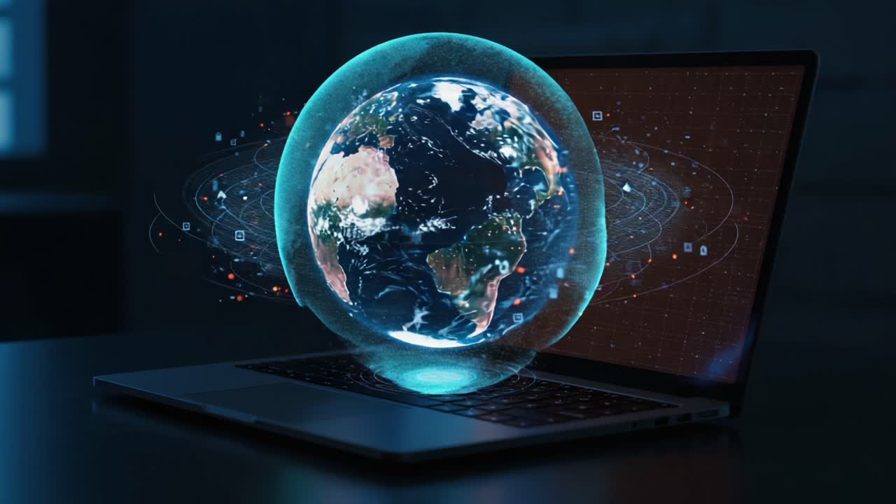 A Stunning Visual of a Laptop Displaying a 3D Rotating Earth, Surrounded by Data Connections and Social Media Icons, Highlighting the Fusion of Technology and Global Connectivity