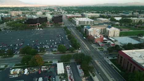 Static-shot-of-Salt-lake-city,-utah,-USA-at-5am-in-the-morning-aerial-4k-footage,-few-cars-commuting-to-work