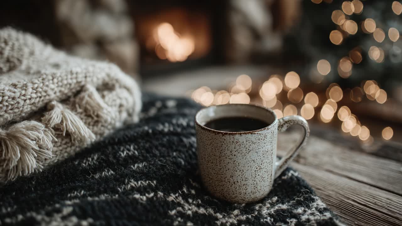 A Cozy Winter Scene Featuring a Warm Coffee Mug Nestled on a Soft Blanket, Accompanied by Sparkling Lights Glowing in the Background, Creating a Comfortable Atmosphere