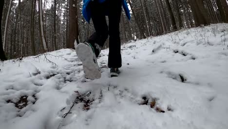 movimiento lento de los zapatos y las piernas de una mujer joven cerca de atrás, caminando cuesta arriba en un bosque en la nieve